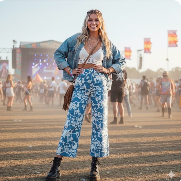 NWT Blue Heart Print Wide Leg Jeans High Waisted Retro Boho Indie Festival 4 - Picture 3 of 14